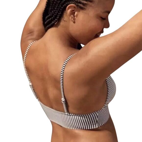 AERIE Longline Triangle Bikini Top Black & White Classic Striped Women’s XXL - Picture 2 of 8